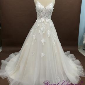  Illusion Bodice Flora Lace Spaghetti Champagne A Line Wedding Dress 