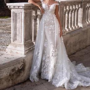 2 in 1 Illusion Neckline Mermaid Flora Lace dress with Removable Overskirt