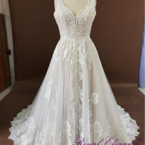 V Neckline Sequin tulle underneath Lace Wedding Dress WD102