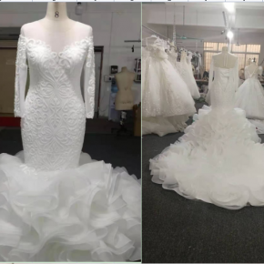 Long Sleeve Heavy Beaded Puffy Organza Mermaid Bridal dress 